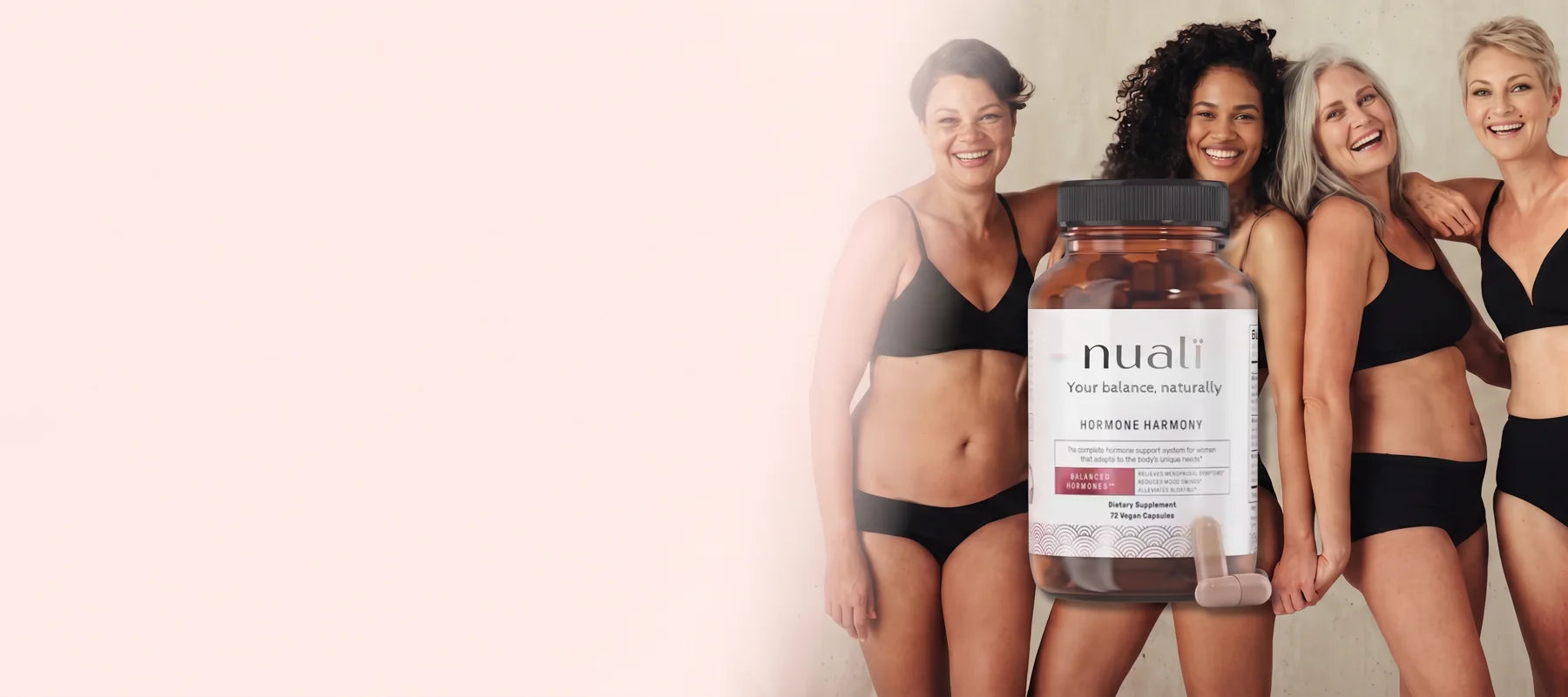 Four women laughing together with a jar of Hormone Harmony
