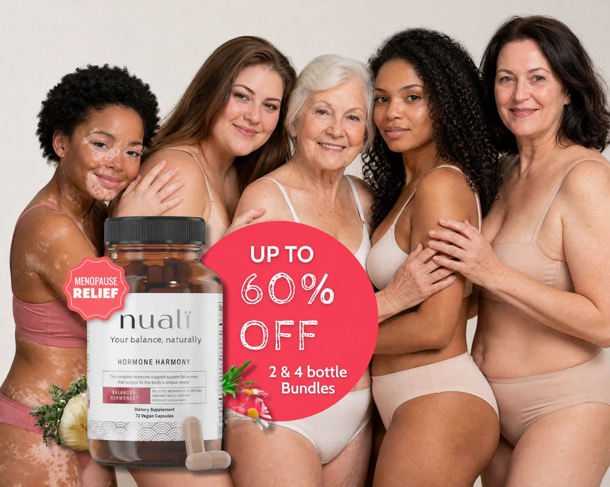 Five women of different ages standing together, with a jar of Nualï capsules