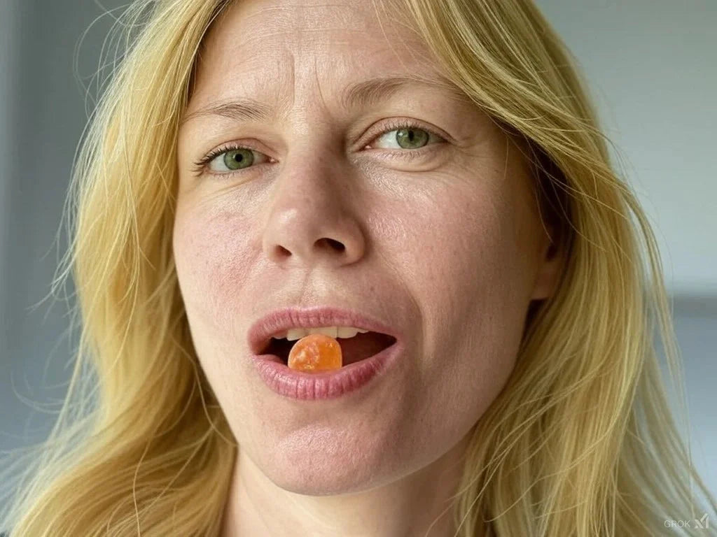 Woman with a gummy between her lips