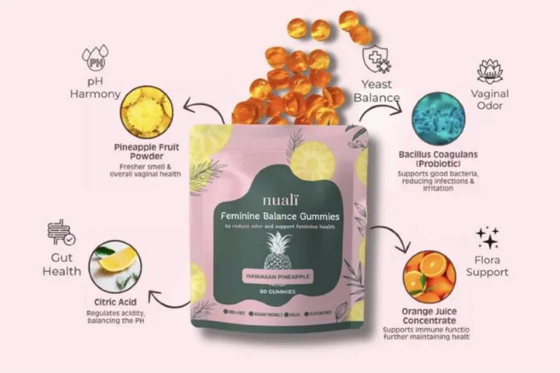 Nualï gummies pouch with its ingredients around it