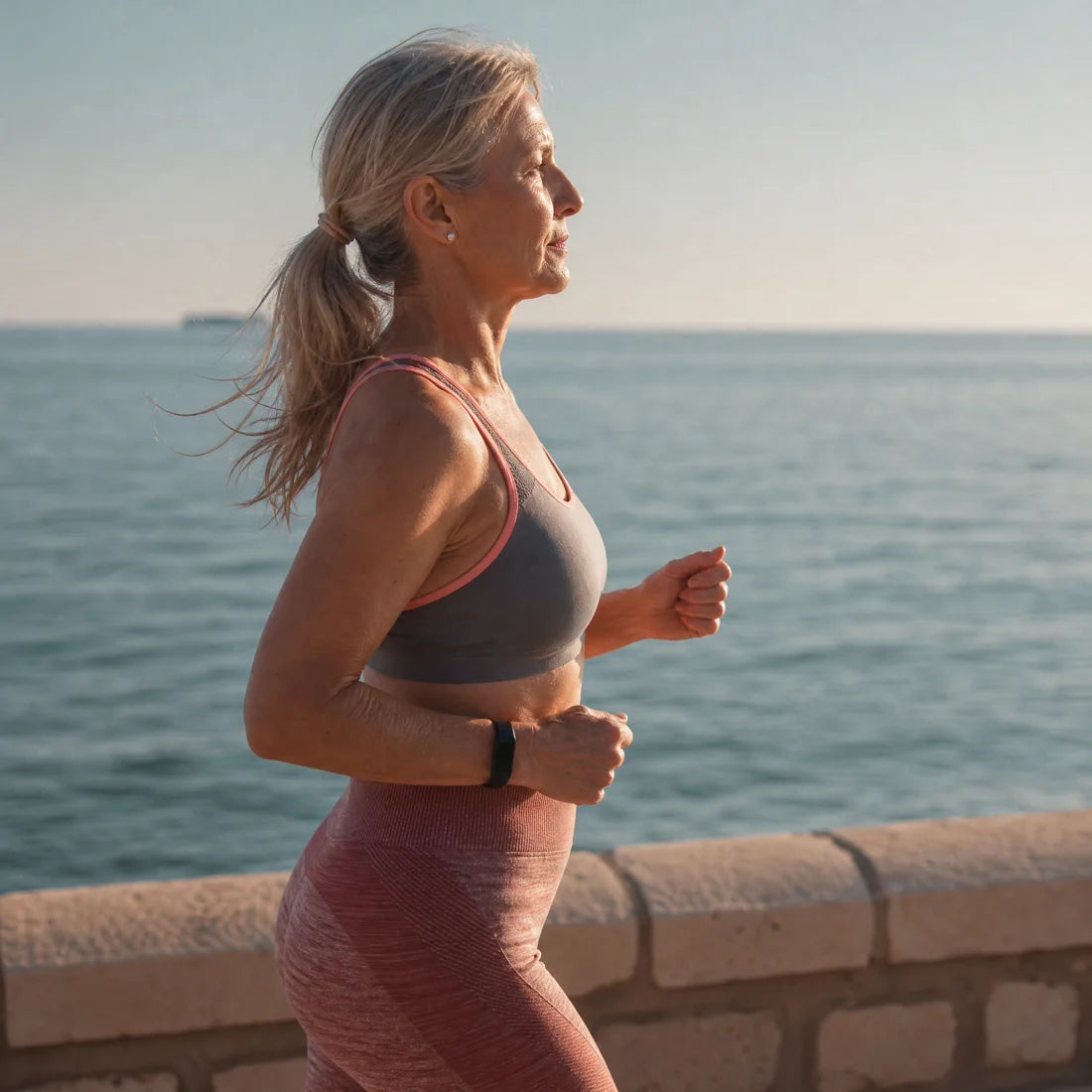 Woman with grey hair running by the sea at sunrise