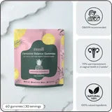 Feminine Balance Gummies pouch with gynaecologist-recommended and natural ingredient badges